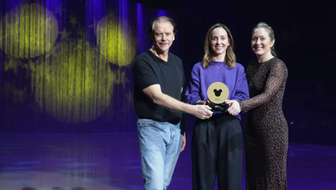Justin Green Claire Cosgrave and Anna Gallant at The SSE Arena Belfast as Disney on Ice becomes first inductee of the Odyssey 25 Club